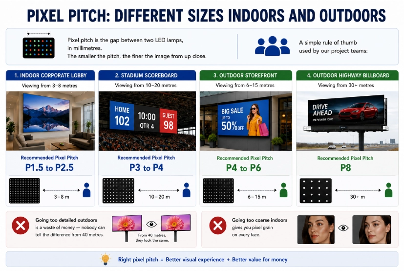 Why indoor and outdoor LED displays use different pixel pitch sizes