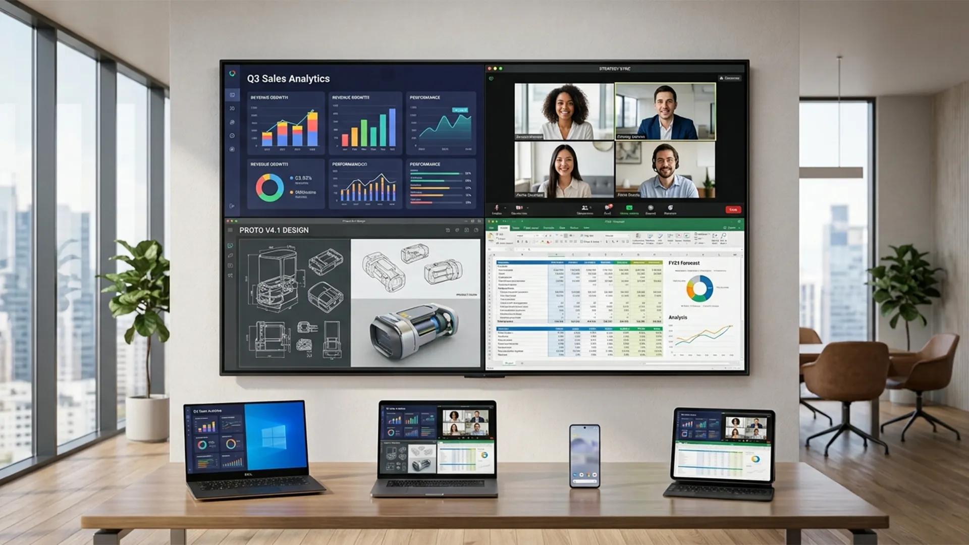 Unify LED video wall with quad view screen sharing for collaborative meetings